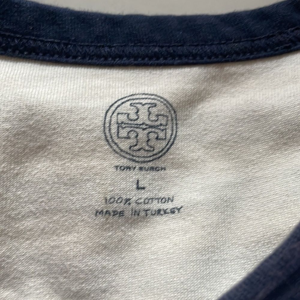 Tory Burch Navy and White Striped Short Sleeve Logo Tee - Picture 8 of 8